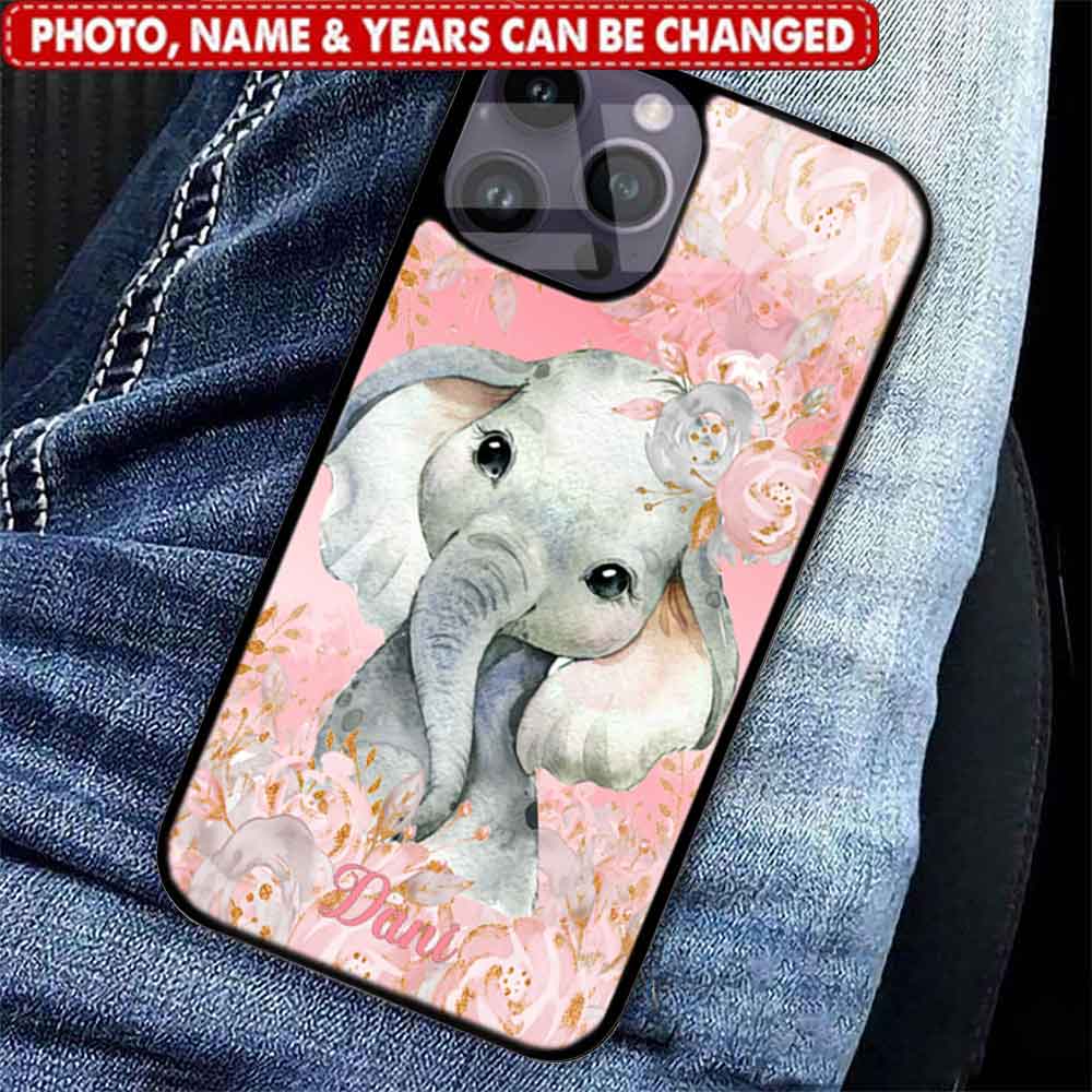 Pink Floral Elephant - Custom Name - Gift for you, daughter, girlfriend - Custom phone case