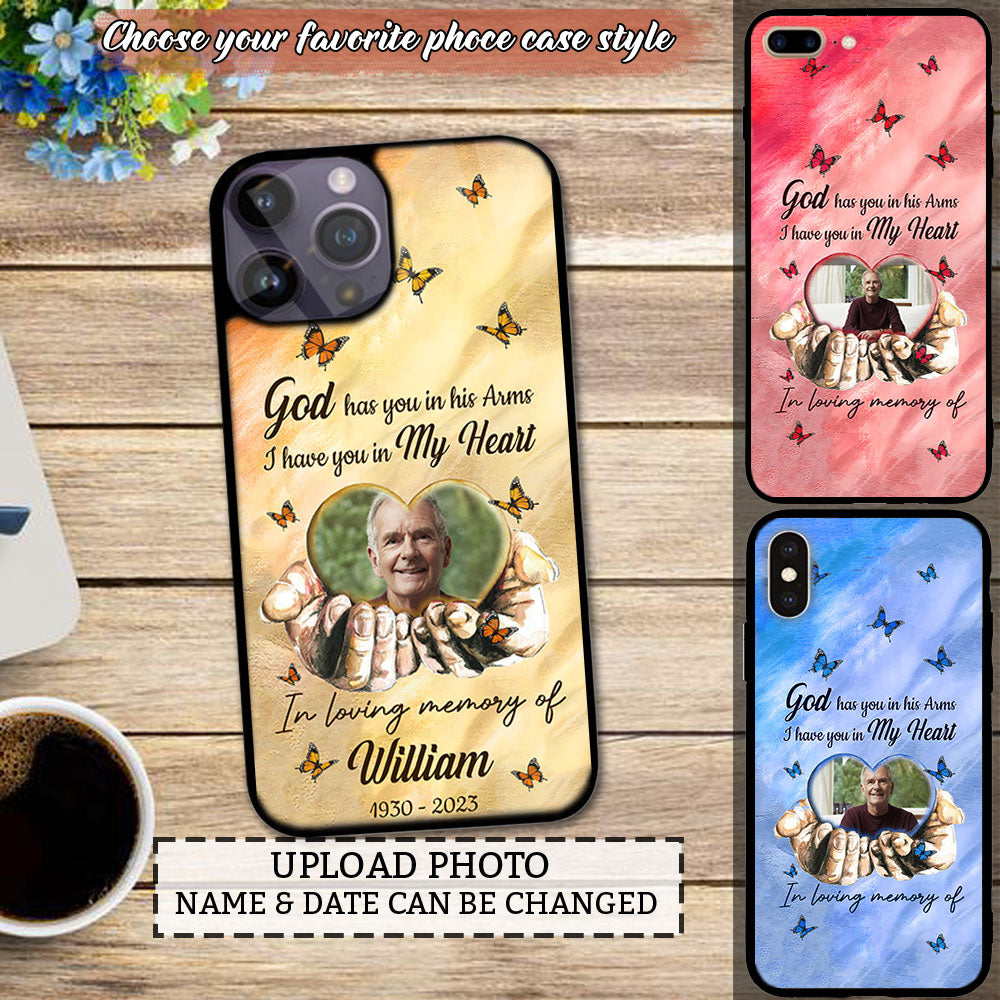 Memorial Gift, Colorful Background Upload Photo God Has You In His Arms Phone Case Multi Colors Personalized Glass Phone Case phonecasecustom.com