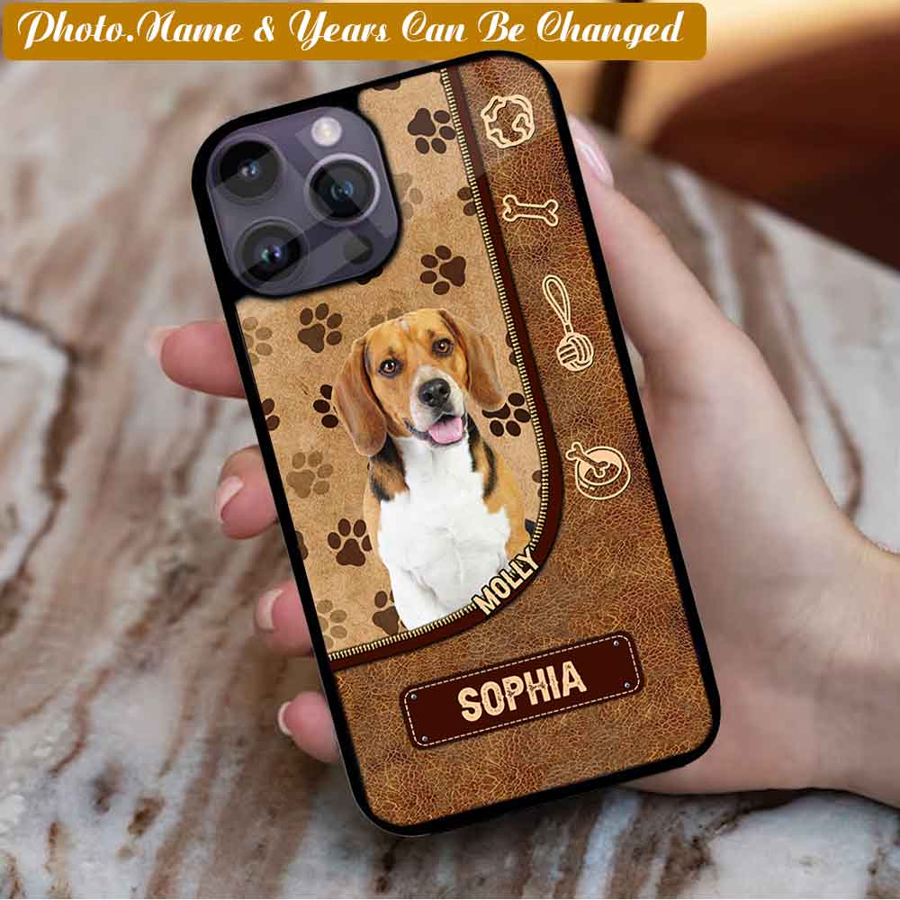 Upload Your Dog Photo, Leather Pattern Dogs with Pawprints Phone Case - Custom phone case 230602